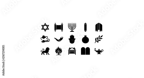 Фотография Jewish holiday symbols, black glyph icons, religious traditions, cultural vector