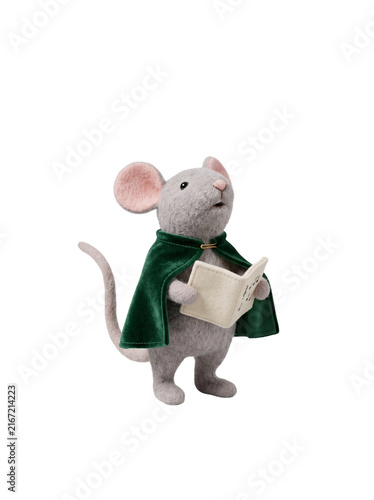 Cute Grey Felt Mouse Character Wearing Green Velvet Cloak Singing With Songbook Christmas Carols
