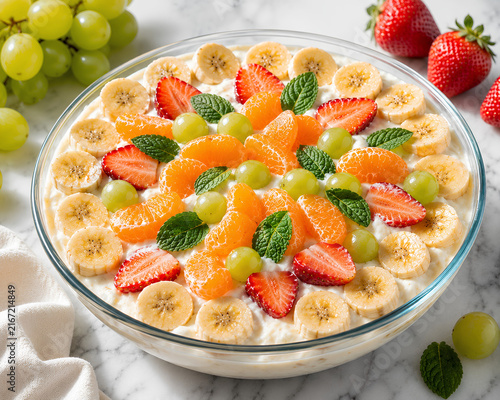 Creamy Fruit Salad with Banana, Strawberry, Grapes and Mandarin