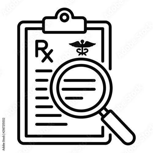 Medical prescription clipboard with magnifying glass examining rx symbol