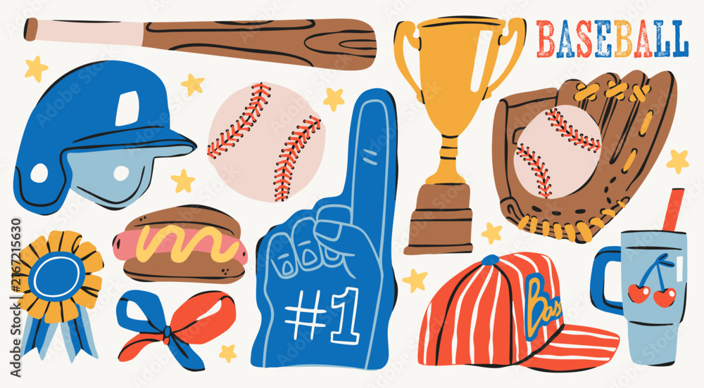Obraz premium Baseball elements set. Various items, equipment: glove, ball, helmet, uniform cap, bat, trophy, drink, hot dog. Hand drawn trendy Vector illustration. Isolated design elements. Sticker, icon templates