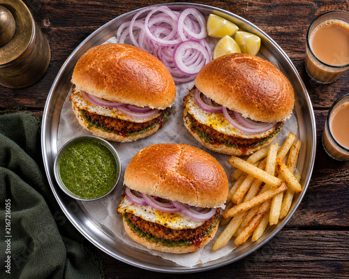 Spicy Egg Burgers with French Fries, Chutney and Milk Tea