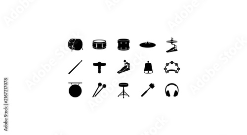 Картината върху платно Drum Set Icons, Percussion Instruments, Music Symbols