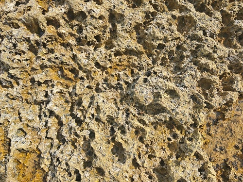 Foto A detailed close-up texture shot of porous, weathered coastal rock with sharp edges and hollow pockets formed by ocean wave erosion on the tidal beach of Etretat, Normandy, France