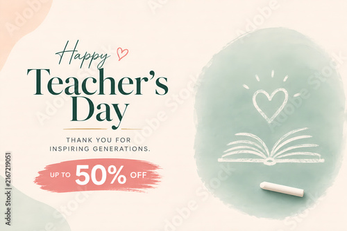 Elegant happy teacher day greeting card design featuring soft watercolor textures open book illustration and a generous fifty percent discount
