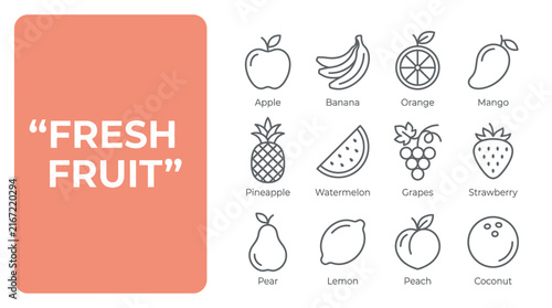 A comprehensive vector collection of healthy fruit line icons, perfect for illustrating nutrition, wellness, and healthy eating concepts in modern digital and print designs