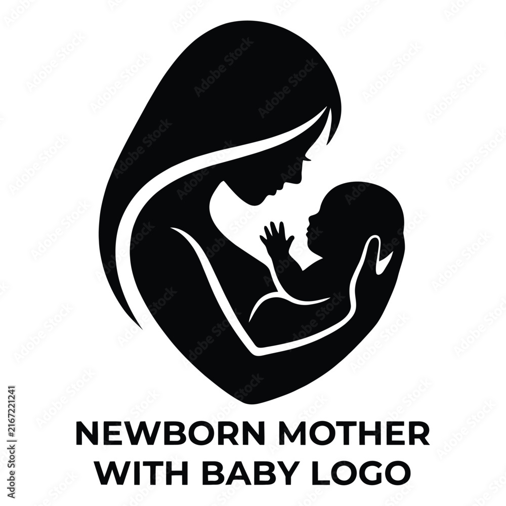 Fototapeta premium Silhouette of a mother holding her newborn baby, black and white representing motherhood, love, care, and family, isolated on a white background