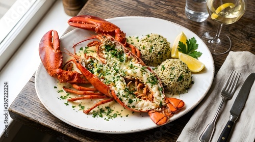 Grilled lobster with garlic butter sauce and rice on a white plate