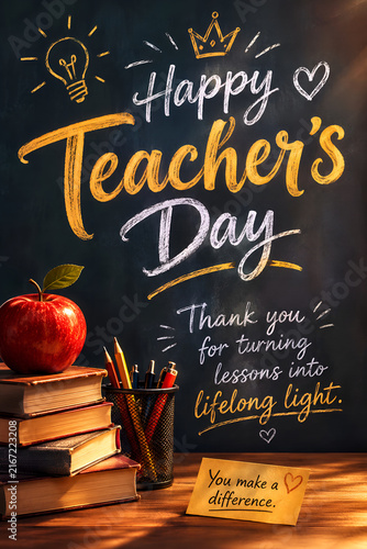 Happy teacher day greeting card featuring stacks of vintage books with a bright red apple and chalkboard background text design
