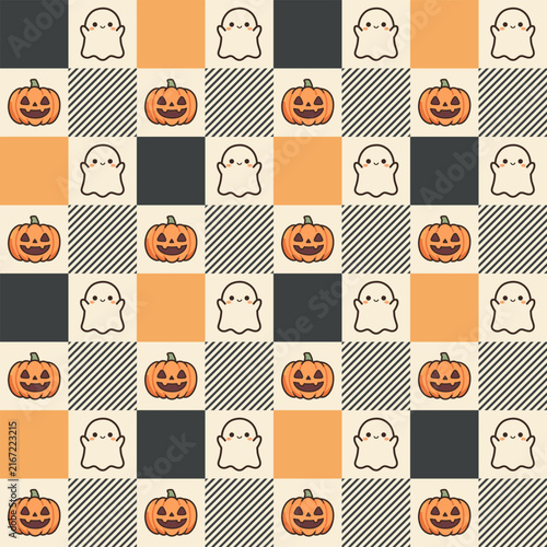 Halloween Checkered Pattern with Cute ghost and pumpkin. Halloween Seamless Pattern for fabric texture, wrapping paper. Vector illustration