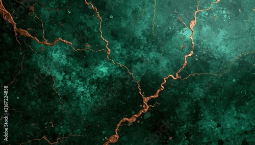 Dark emerald green marble stone texture with fine copper and gold veins, luxurious abstract background