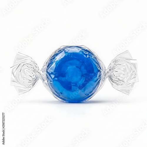 A single round blue hard candy wrapped in clear twisted cellophane wrapper isolated on white background.