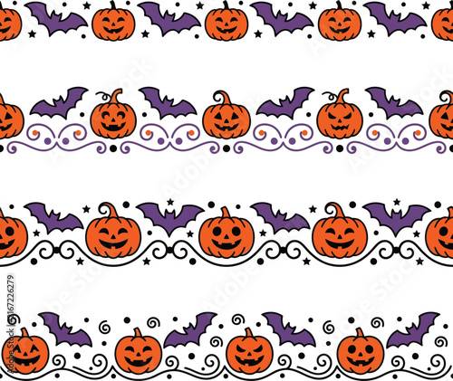 Retro Halloween Vector Border Patterns with Spooky Pumpkins and Flying Bats