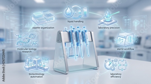 3D Scientific Infographic of Laboratory Pipette Stand with Micropipettes and Floating Research Elements