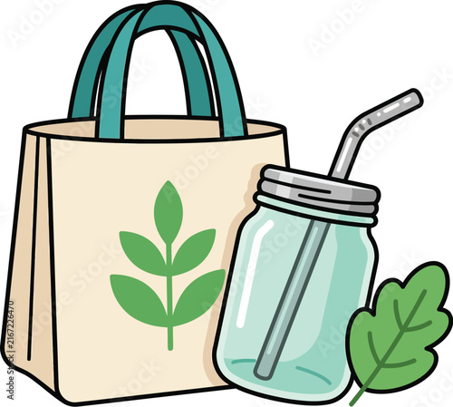 Eco-friendly Reusable Shopping Bag, Glass Jar, and Green Leaf for Sustainability.