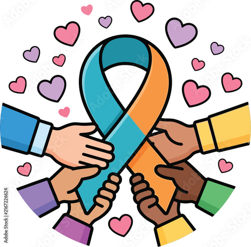Diverse Hands Supporting a Teal and Orange Awareness Ribbon with Hearts