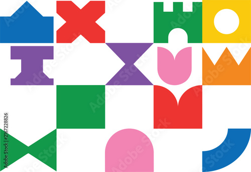 Set of colorful vector toy building block geometric shapes featuring arches crowns crosses bowtie and castle battlements
