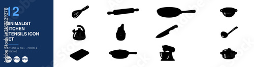Minimalist Kitchen Utensils Icon Set, Outline and Fill Design, Food and Cooking Illustration, Modern Graphic Element.