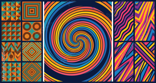 Set of retro colorful vector geometric background patterns featuring central spiral vortex optical illusion alongside geometric tiles and zebra wave textures