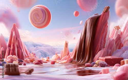 Surreal pink candy landscape with flowing chocolate waterfall and swirl sphere