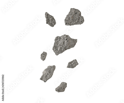 Falling pieces of cement or concrete stones isolated on white, clipping path, PNG