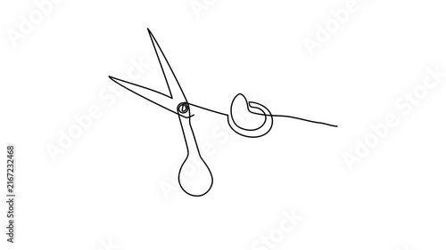 Human hand holding open scissors one line art animation, barber cutting hair tailor sewing craft continuous line drawing motion, hairdressing salon handmade workshop 4k self-drawing video