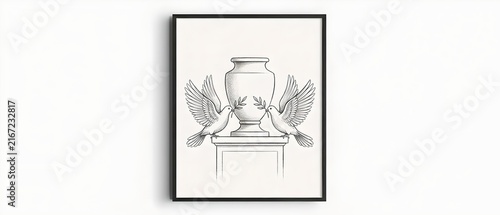 Elegant Black‑and‑White Line Art Print: Two Doves Flanking a Classical Urn on a Pedestal — A minimalist, monochrome line drawing features a pair of stylized doves with outstretched wings positioned sy
