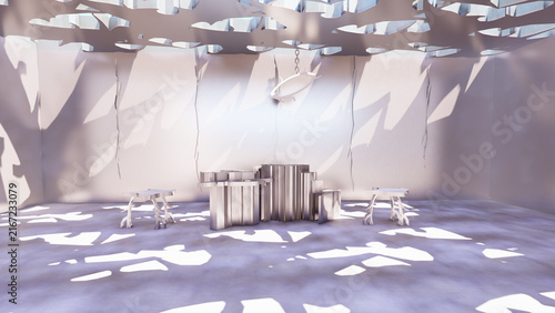 Neo-tribal style interior, cybersigilism style interior, sharp spikes and abstract 3d objects, 3d spiky elements, Brutalist design elements, futuristic interior space 2