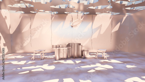 Neo-tribal style interior, cybersigilism style interior, sharp spikes and abstract 3d objects, 3d spiky elements, Brutalist design elements, futuristic interior space 3