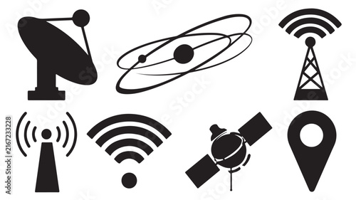 Black vector illustration set featuring modern communication symbols including satellite dishes, wireless signals, orbital atoms, and geometric location map markers