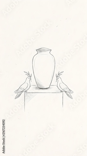 Minimalist Pencil Sketch: Two Doves with Olive Branches Flanking a Classical Vase on a Pedestal — A delicate, understated pencil drawing presents a symmetrical still life composition: at the center st