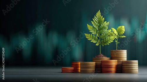 Growth of financial investment concept with stacks of coins and green plants against a dark background