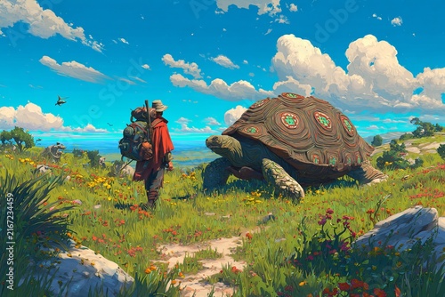 A traveler approaches a majestic turtle in a colorful landscape, inspiring wonder and adventure