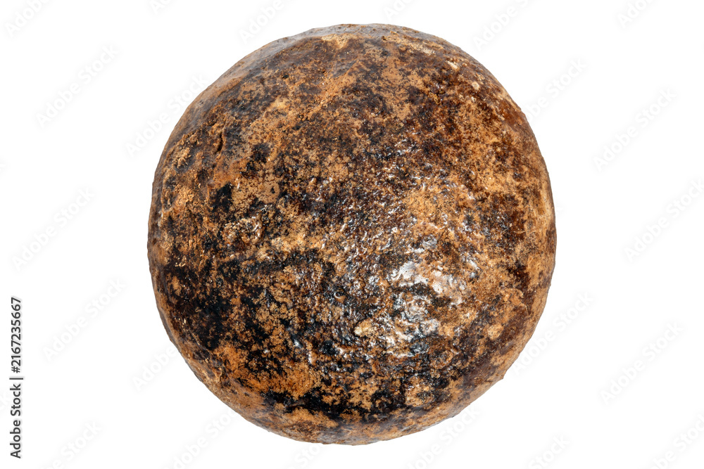 Fototapeta premium Ancient spherical cannonball with moderate corrosion and rust surface marks