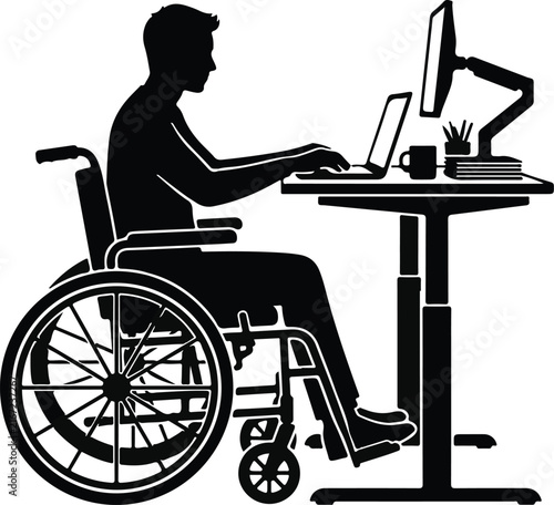 Disabled Man Working in Wheelchair, Businessman with Laptop on Desk, Handicapped Disabled Man Work at Home, Professional Man with Disabilities in Office Setting
