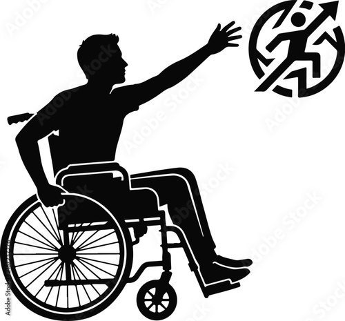 Disabled person reaching for running symbol, silhouette illustration of wheelchair user interacting with sports icon, concept of inclusion in sports