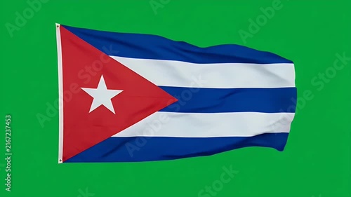 Cuban national flag waving in wind against bright green background for patriotic themes and travel media