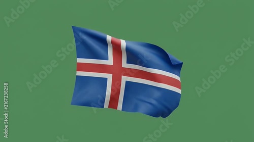 Iceland national flag waving in wind against green background for travel and tourism media