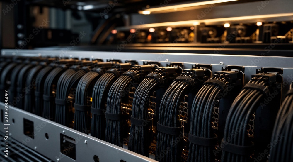 Fototapeta premium Server Rack with Bundled Power Cables in Data Center