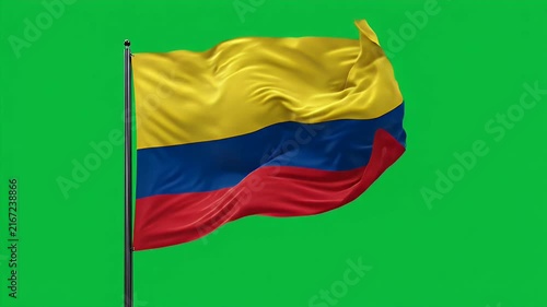 Colombian national flag waving in wind against bright green background for patriotic celebrations and events