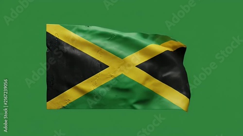 Jamaican flag waving in wind on vibrant green background for national pride and cultural identity