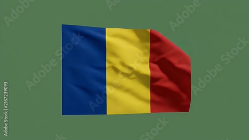 Romania national flag waving in wind on green background for sports and patriotism