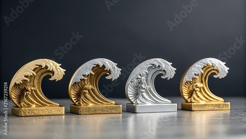 Four metallic ocean wave sculptures in gold, silver, and chrome on reflective surface for luxury decor