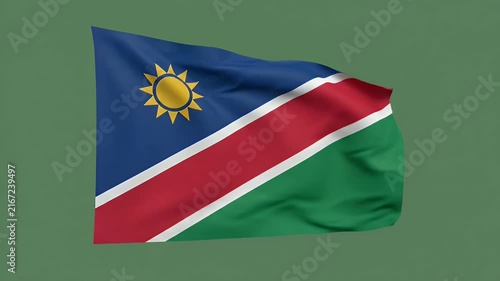 Malawi national flag waving in wind with golden sunrise symbol on blue red green background