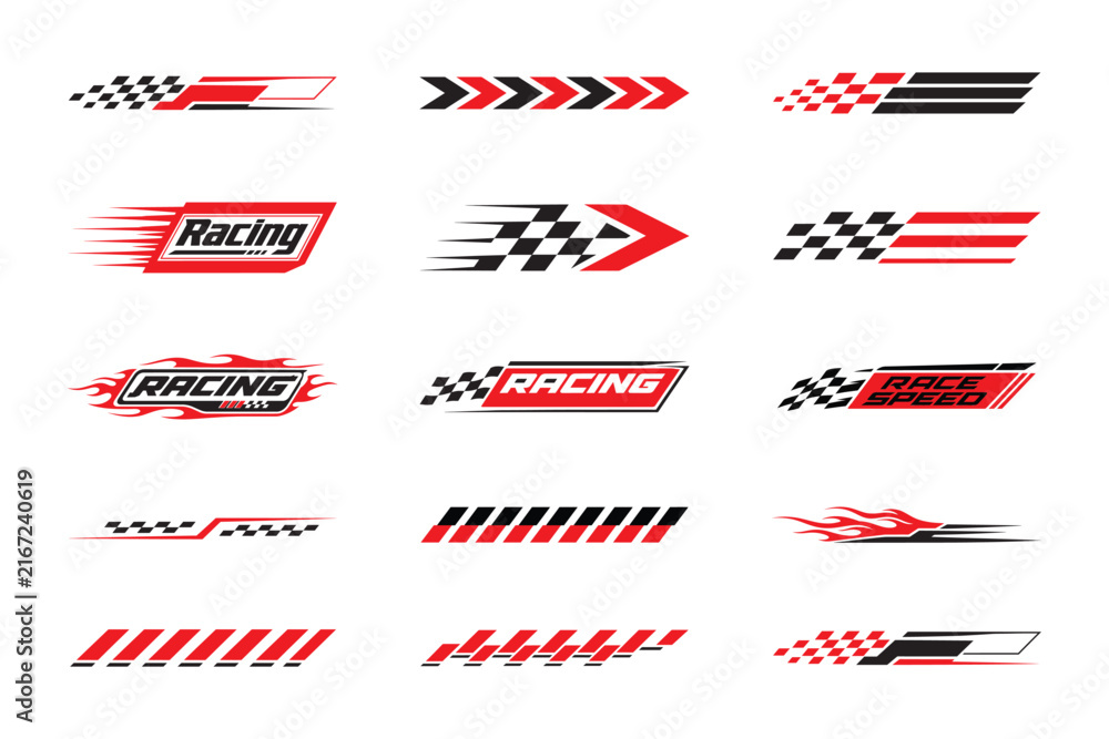 Obraz premium Racing Speed Graphic Collection with Checkered Patterns Flames Arrows Stripes and Motorsport Vector Designs