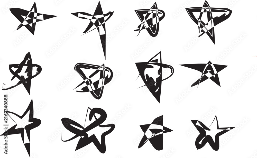Fototapeta premium Set of abstract black star icons and modern dynamic geometric star shapes isolated on white background for creative design projects