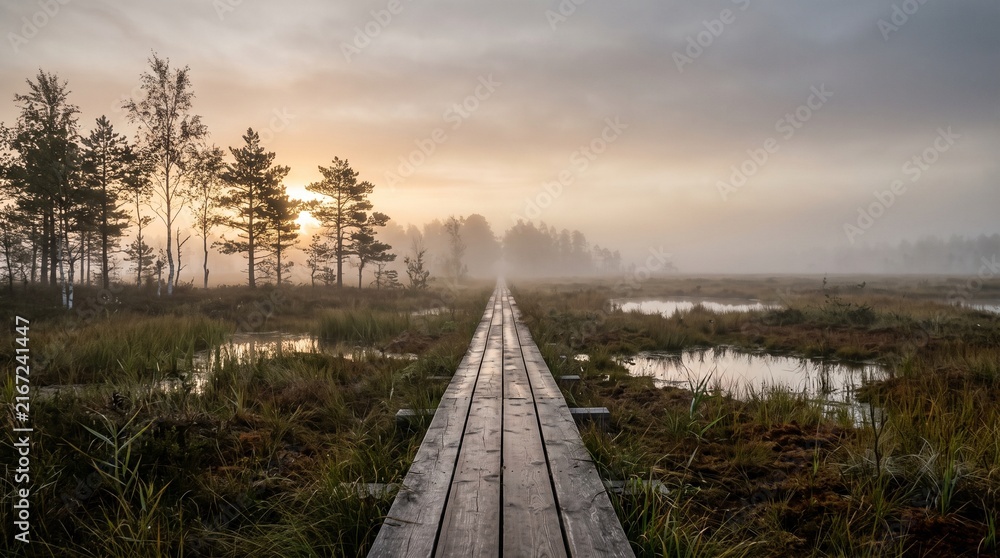 Fototapeta premium Scenic boardwalk through misty marshland at sunrise or sunset