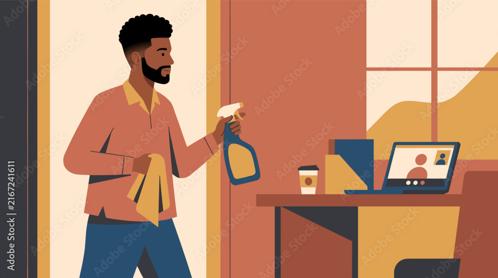 Fototapeta premium A man juggles household chores and remote work by cleaning his desk during a video conference, illustrating modern work-life integration