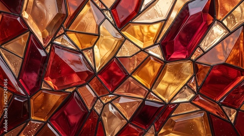 Vibrant stained glass window panels with geometric diamond patterns in warm autumn hues casting colorful light