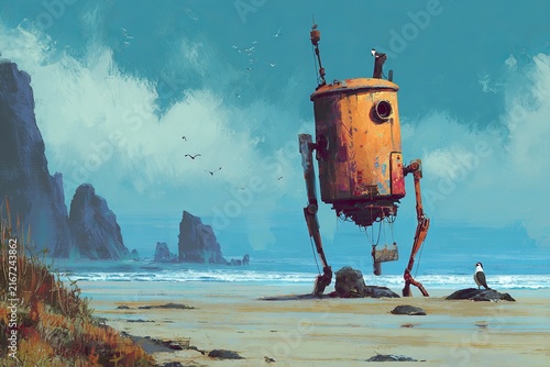 A mysterious damaged machine on a surreal beach raises questions of origin and abandonment